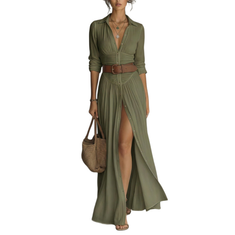 Olive V-neck long maxi dress with high side slit, gathered waist, button front