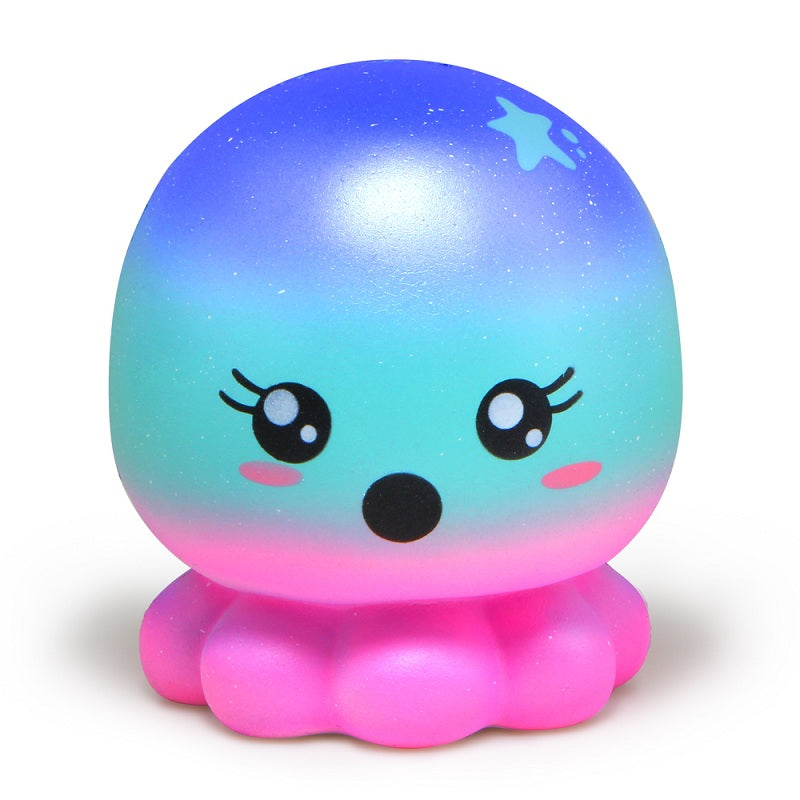Blue and pink galaxy octopus squishy toy with large eyes and tentacle base