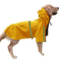 Yellow reflective waterproof dog raincoat with hood and green trim