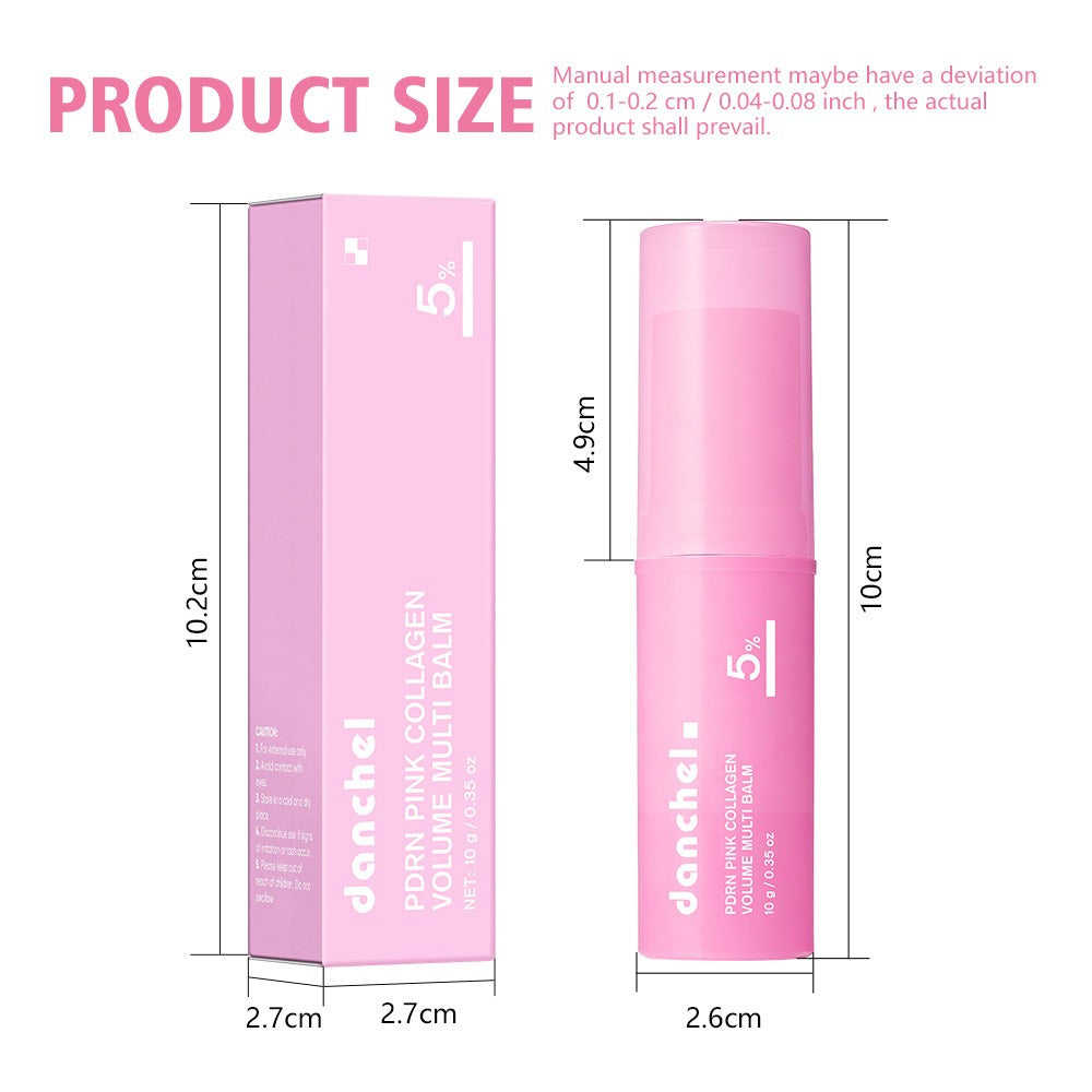 Pink moisturizing collagen balm stick container with matching box packaging