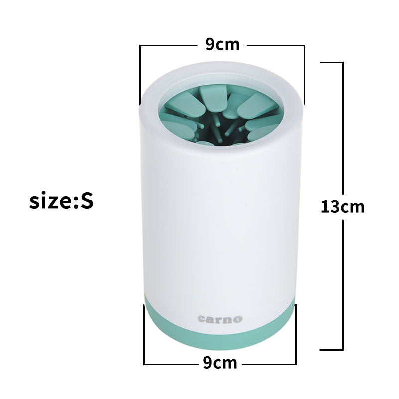 Dog paw cleaner cup (Size S) white body with mint-green silicone bristles, 13 cm tall