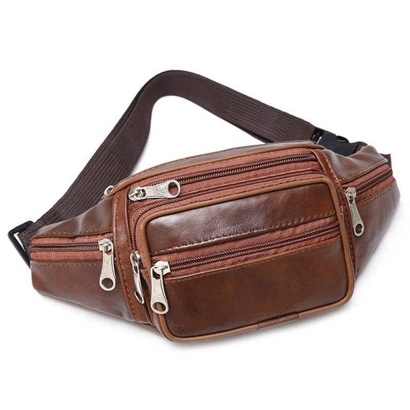Men's First Layer Cowhide Leather Waist Bag Crossbody For Outdoor Sports And Leisure