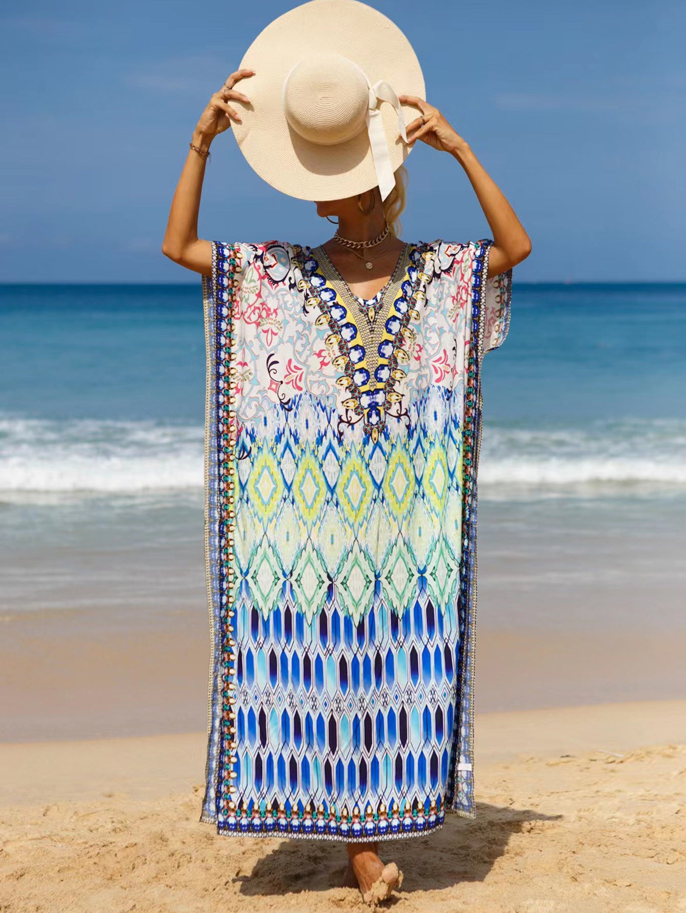 Bohemian Beach Cover Up Dress For Women - Flowy Long Maxi Dress, Lightweight Cotton Blend, Plus Size Available