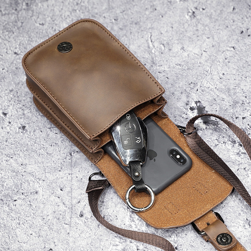 Brown PU Leather Trendy Retro Mini Crossbody Bag For Men Shoulder Phone Bag For Leisure Travel