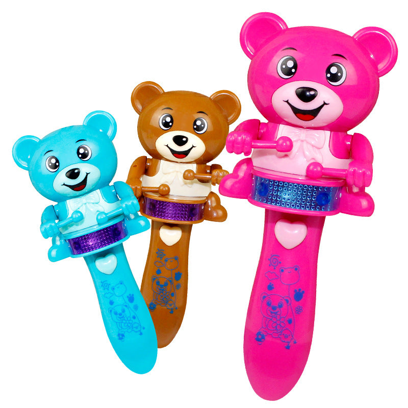 Baby music stick toy set: pink bear, blue bear, and brown bear with purple drums