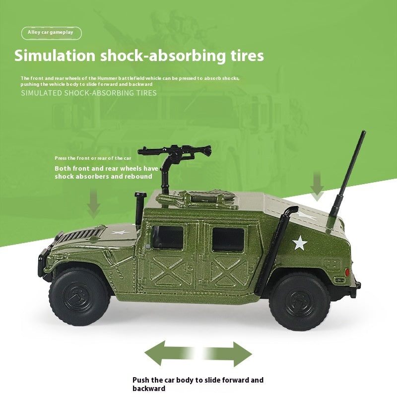 Green alloy military model vehicle toy with shock-absorbing style wheels