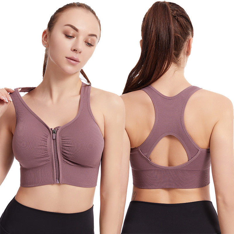 Front and back view of a purple zip-front full-cup shockproof sports bra