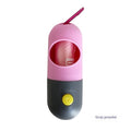 Pink LED pet waste bag dispenser with carabiner clip, bag roll inside, yellow power button