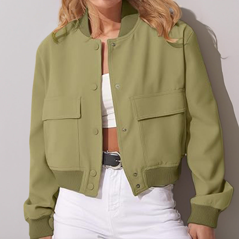 Olive button-up stand-collar jacket with front buttons, two chest pockets, ribbed cuffs