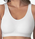 Wireless seamless shaper bra, white front view with smooth scoop neckline