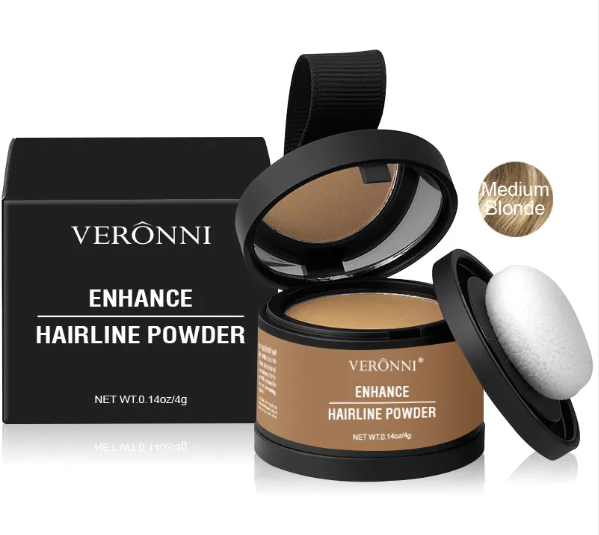 Hairline powder concealer in Medium Blonde shade with black compact and applicator puff