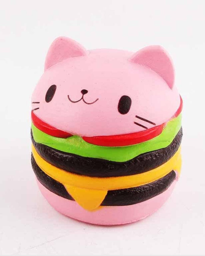 Slow-rising squishy toy pink cat with hamburger layers and heart-shaped detail