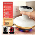 Electric gua sha massager with gold base rim and black control top with LED icons