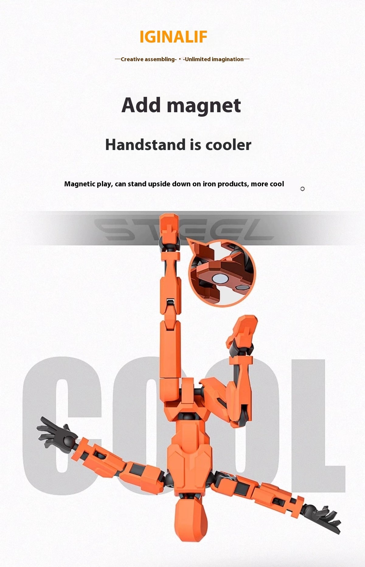 Orange multi-joint robot action figure posed mid-move with arms and weapon grip