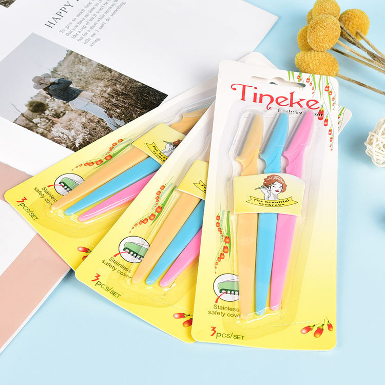 Stainless Steel Eyebrow Shaping Tool Set With 3 Sticks Eyebrow Trimmer Kit In Blue Yellow Pink
