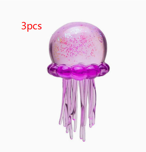 Purple octopus squishy toy, 3pcs, with speckled glitter head and long tentacles