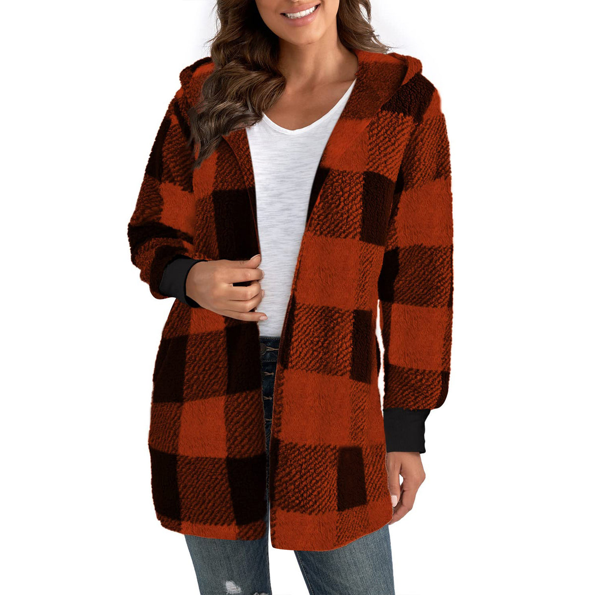 Rust orange and black plaid knit cardigan sweater with open front and long sleeves