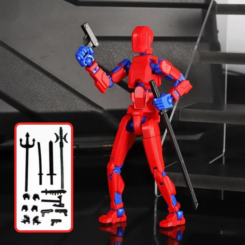 Multi-jointed action figure robot, red and blue with sword and weapon accessories