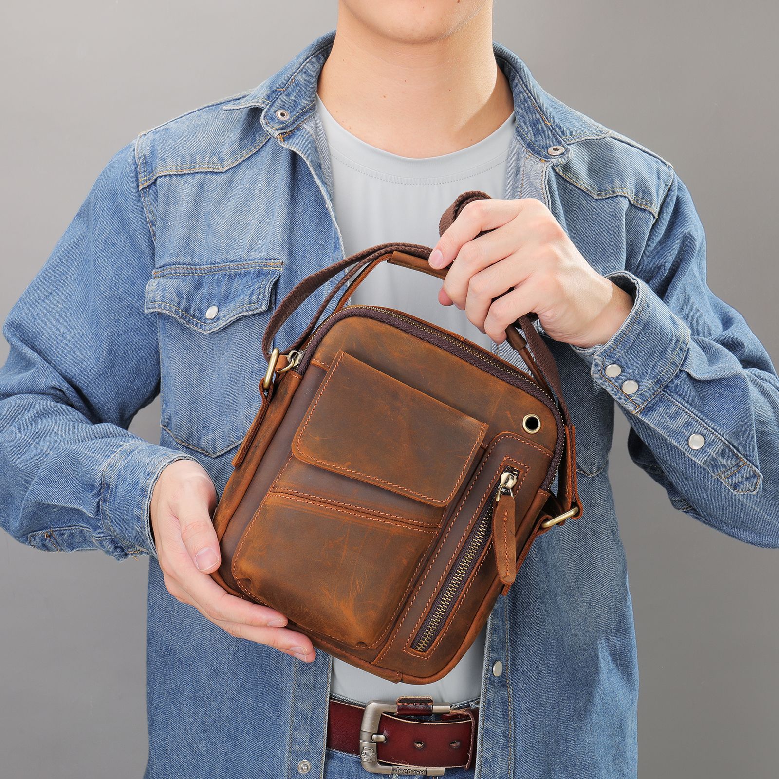 Men's Minimalist Leather Crossbody Bag for Business and Travel Genuine Cowhide Wear Resistant