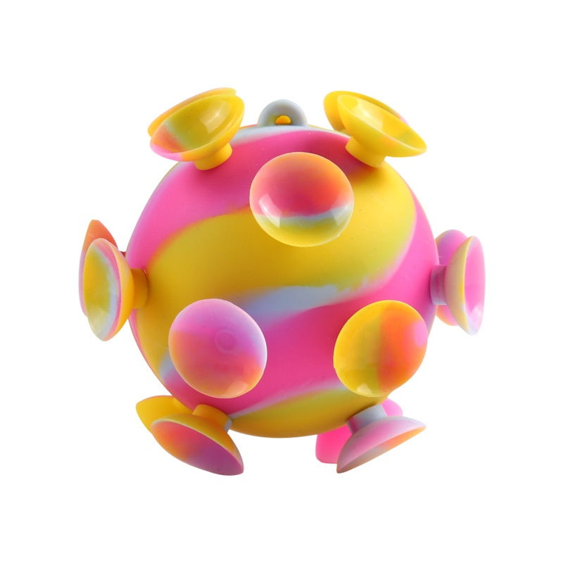 Yellow and pink 3D silicone stress ball with rounded ear-like protrusions