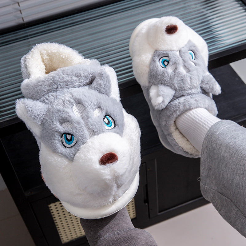 Cute Husky Cartoon Plush Cotton Slippers – Unisex Warm Indoor Winter Slippers | EU 36–51