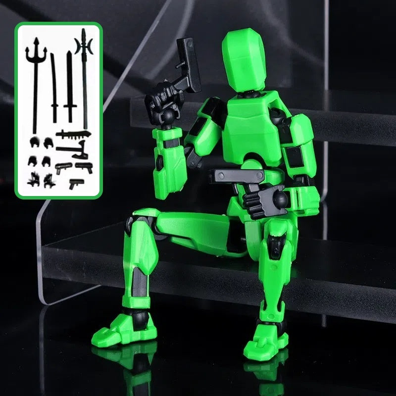 Green articulated robot action figure posed with weapon and parts card