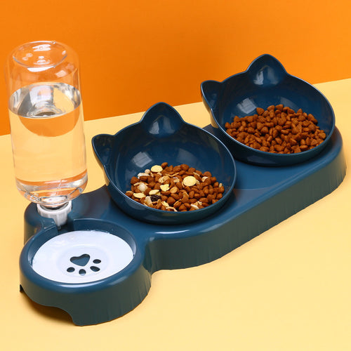 Dark blue 3-bowl pet feeding station with clear auto water dispenser and food bowls