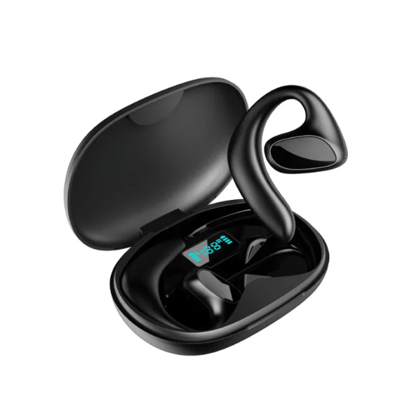 Black Bluetooth translation earbuds in open charging case with LED screen