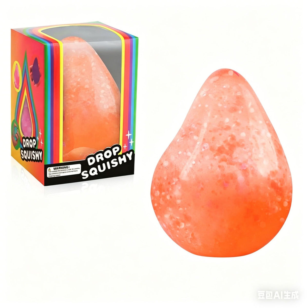 Orange textured squishy drop stress toy with boxed packaging