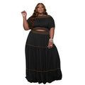 Black ruffle-hem maxi dress with puff sleeves and contrast trim