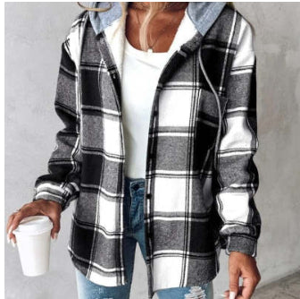 Women’s plaid hooded jacket, black and white plaid with button front and hood