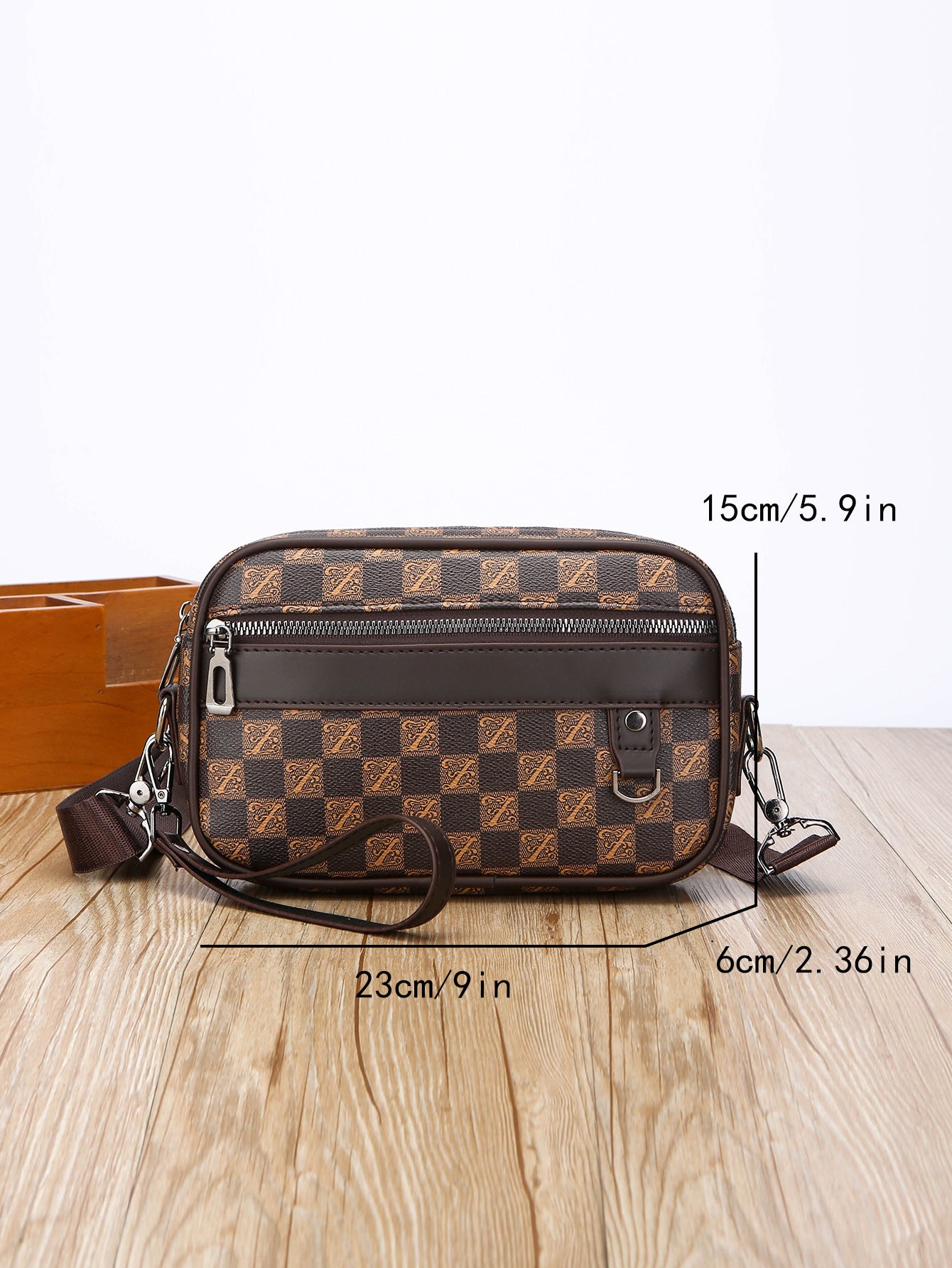 Casual Mens Horizontal Messenger Bag Large Capacity PU Leather Shoulder Bag Wear Resistant Geometric Pattern