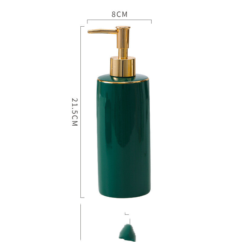Dark green ceramic lotion soap dispenser bottle with gold pump, 21.5 cm tall