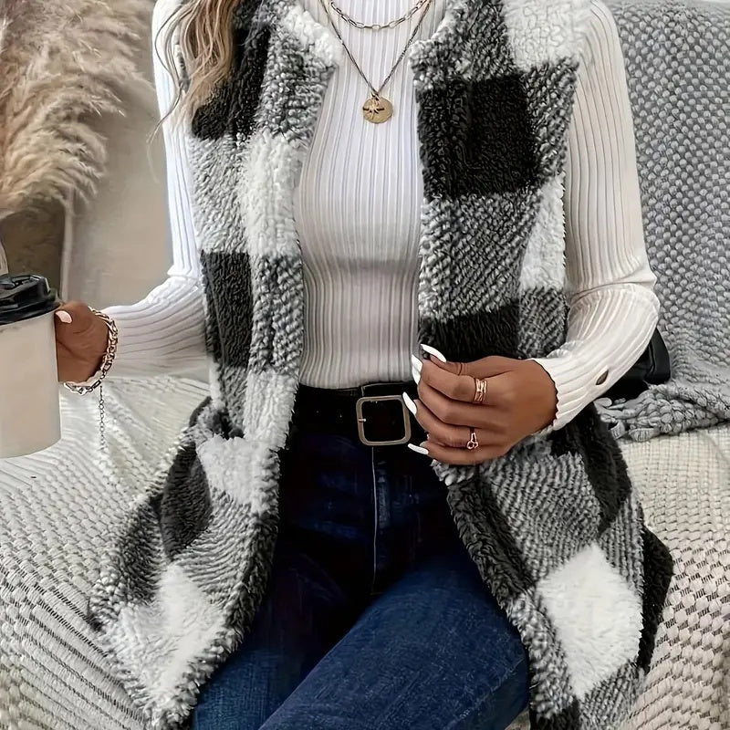Women's sleeveless checkered sherpa vest jacket in black and white, open front