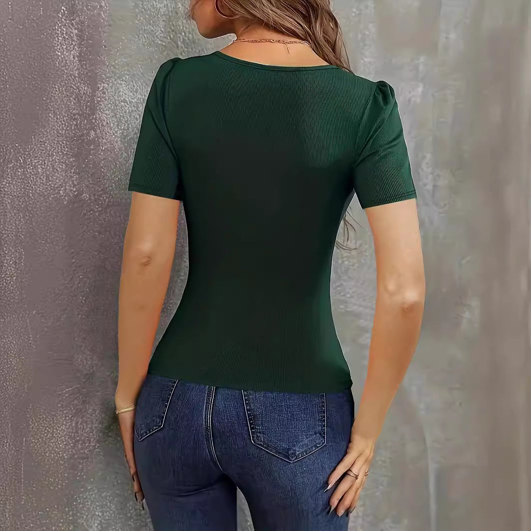 Casual Fashion Women's Knit Top Low Neck Slim Fit Short Sleeve Pullover Polyester