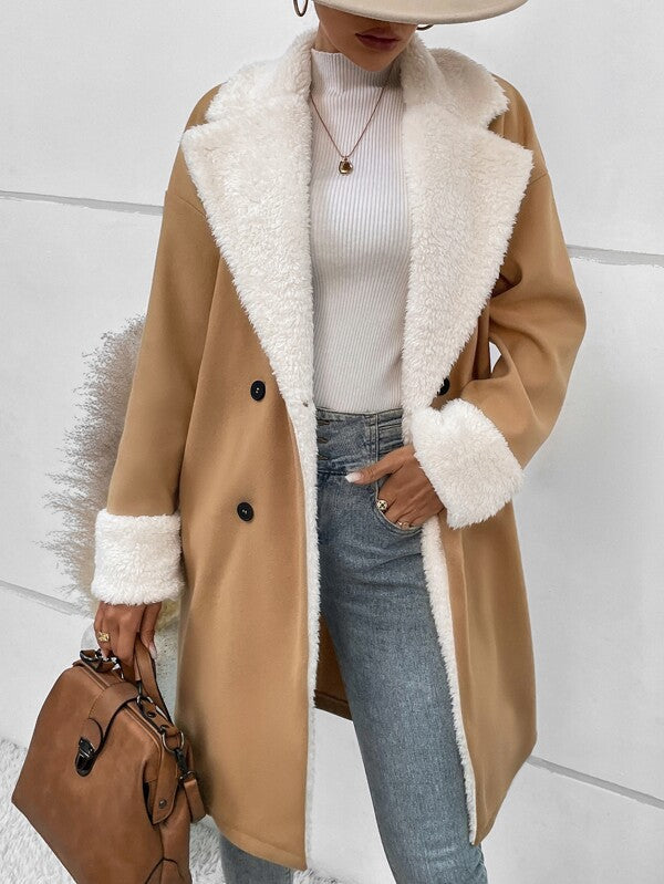 Women’s tan wool coat with white sherpa collar and cuffs, double-breasted black buttons