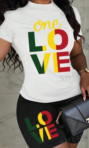 Women's white LOVE graphic tee with cursive one plus black shorts lounge set