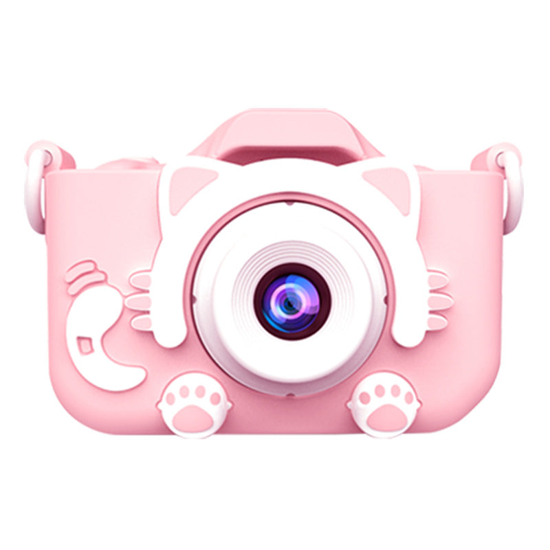 Pink kids' digital camera toy with large circular lens and dinosaur paw-shaped side decals