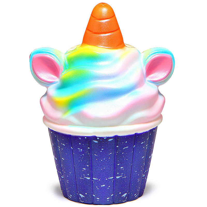 Rainbow cupcake plush toy with unicorn horn and pink ears