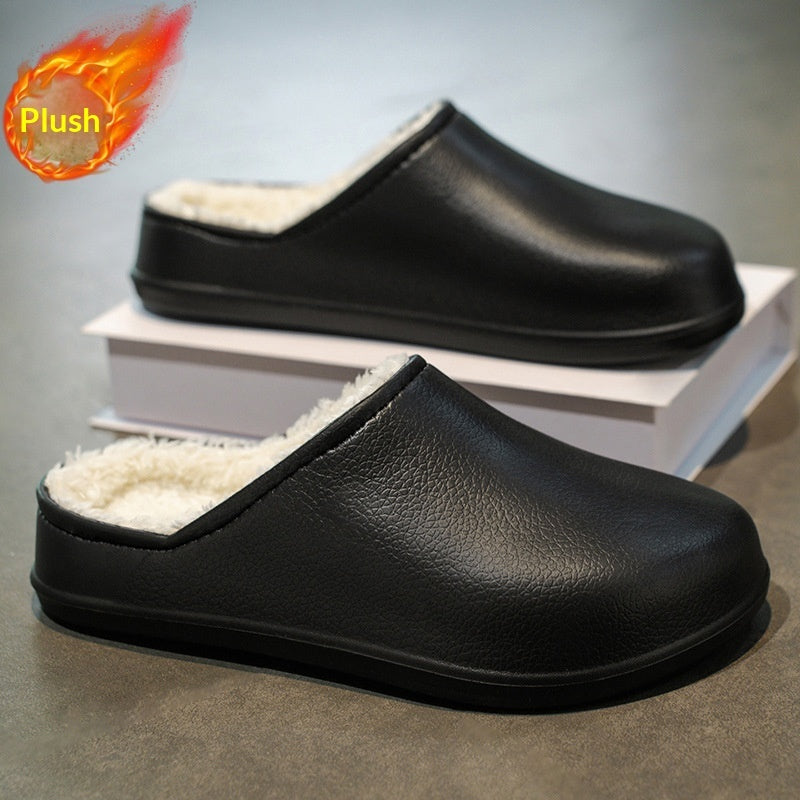 Faux fur-lined waterproof slip-on winter shoes, black, fur collar around opening