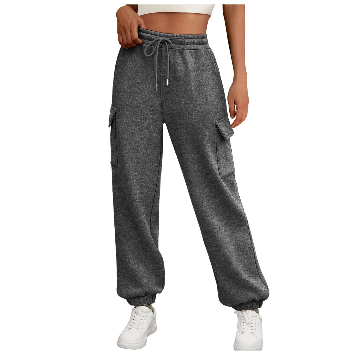 Women’s baggy cargo jogger sweatpants with drawstring waist, side pockets, dark gray