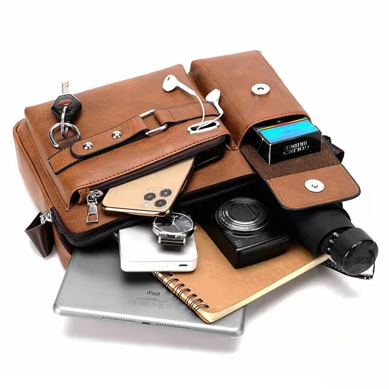 Men's Casual Fashion Crossbody Shoulder Bag PU Leather 8in Clamshell With Letter Print In Khaki Black Dark Brown