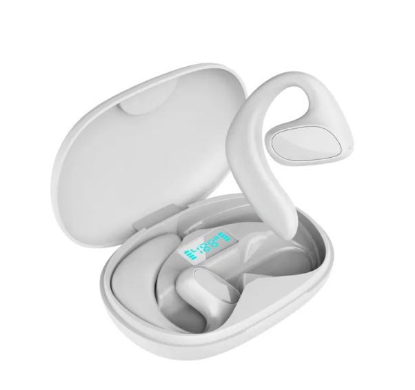 White Bluetooth translation earbuds in open charging case