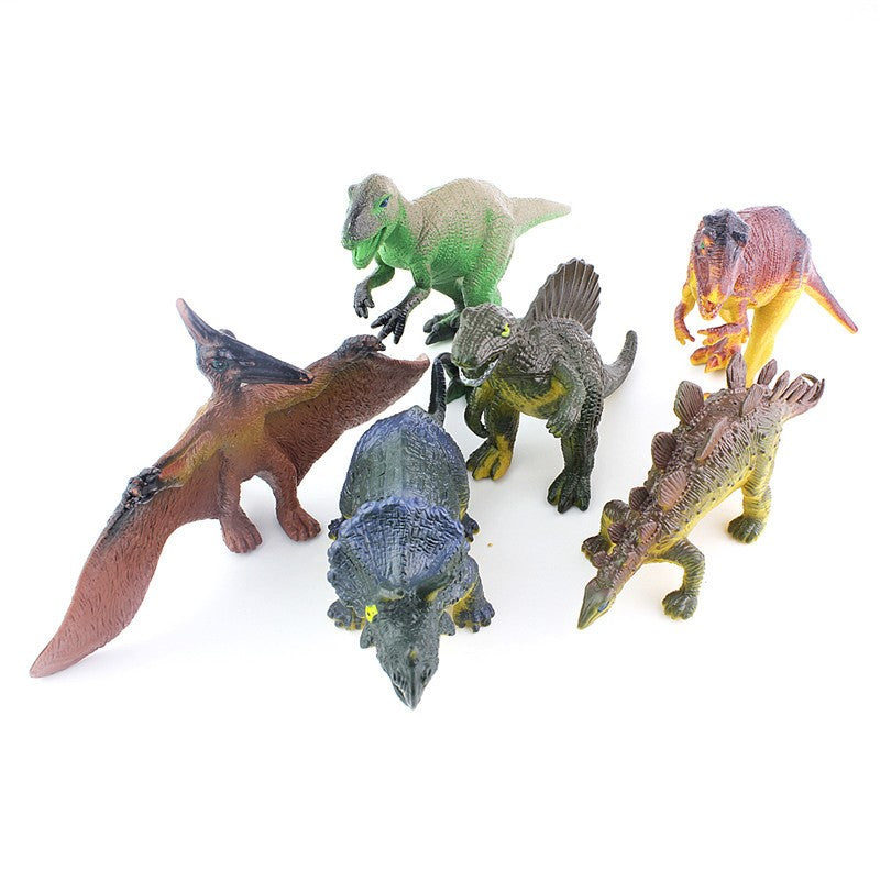 Dinosaur model toy set with six dinosaurs: green, dark blue, gray, and brown figures