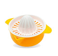 Yellow manual lemon juice press with white reamer and side handles