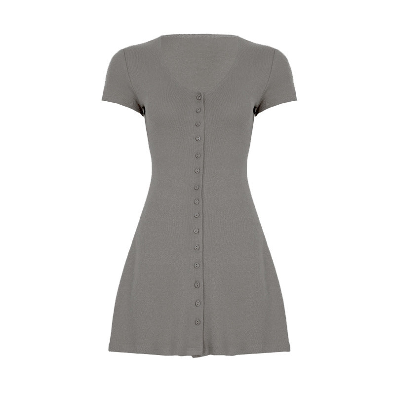 Grey short-sleeve mini A-line dress back view with vertical button detail