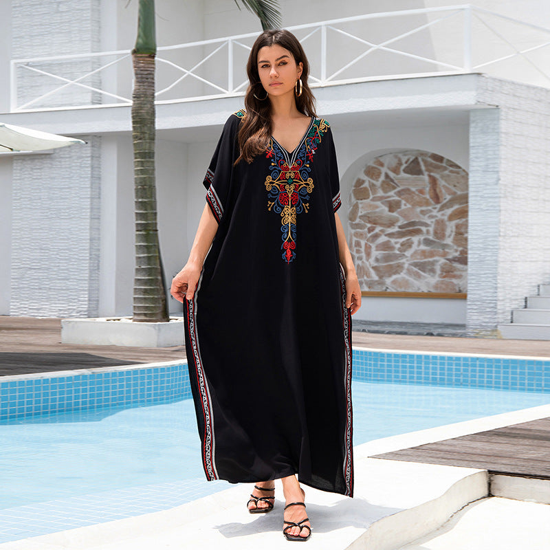 Outerwear Cover-up Rayon Embroidery Plus Size Long Dress Women
