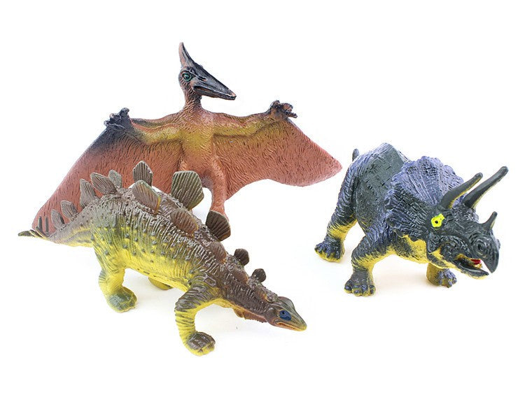 Dinosaur model toy set showing four figures: pterodactyl, triceratops, stegosaurus, dino