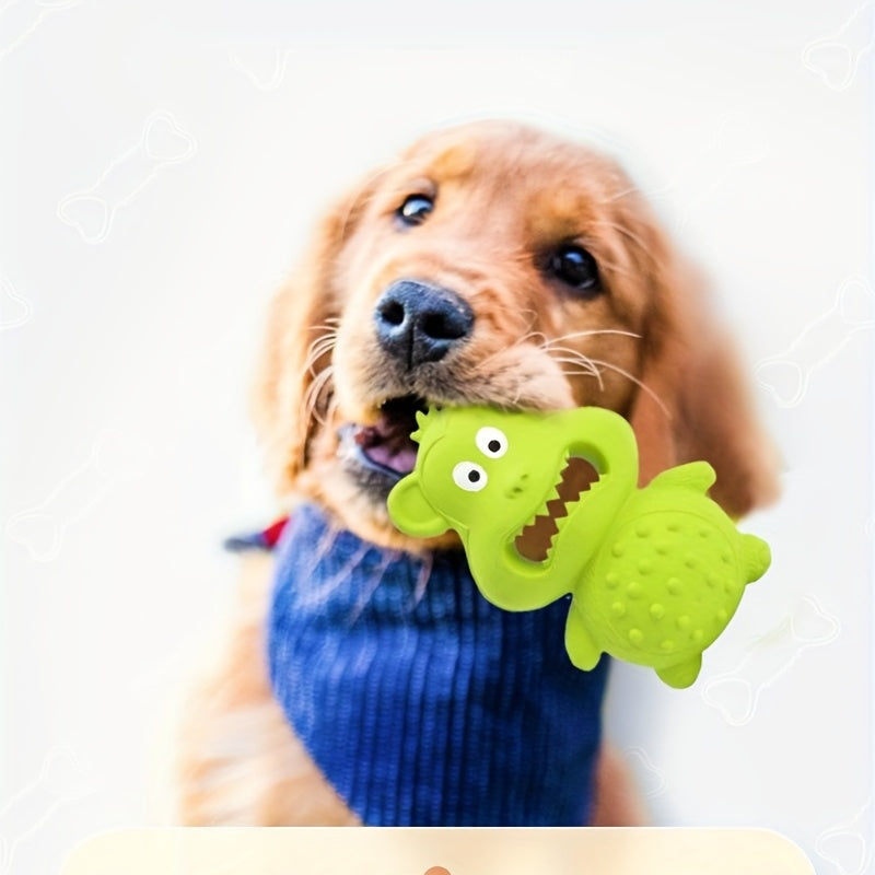 Green rubber animal-shaped dog chew toy with open mouth and textured bumps