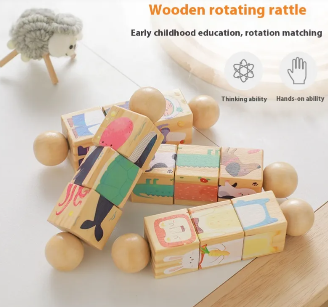 Wooden kids rotating animal puzzle handbell with stacked picture blocks and ball handles